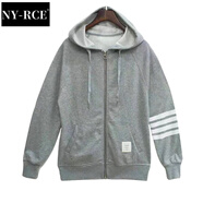 NY-RCE冬季新款衛(wèi)衣女加絨加厚寬松春秋外套女開衫拉鏈連帽上衣女潮 灰色袖子四條杠-薄款 S