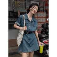 香韻歌牛仔裙連衣裙女夏顯瘦裙子連體裙襯衫裙2025新款顯氣質短裙 藍色 均碼 l (建議110-120斤)