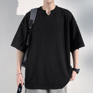 主意范（ZHUYIFAN）胖子大碼320g重磅華夫格短袖T恤男大碼夏季微胖男生寬松純色半袖 T5123黑色 5XL 205-240斤