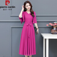 皮爾卡丹（pierre cardin）新品夏季連衣裙短袖V領(lǐng)雪紡大擺裙優(yōu)雅修身腰帶裙子廣場(chǎng)舞過(guò)膝裙 玫紅色 L 100-115斤