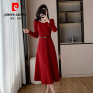 皮爾卡丹名媛時(shí)尚氣質(zhì)收腰顯瘦長(cháng)袖珍珠連衣裙洋氣紅色晚禮服結婚訂婚針織 紅色原版 腰帶 2XL
