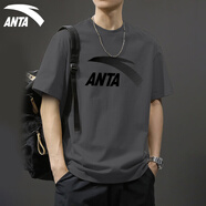 安踏（ANTA）t恤男士短袖夏季薄款圓領潮流大logo純色舒適透氣跑步上衣運動服 -10男裝灰 M (170) 適合100-120斤