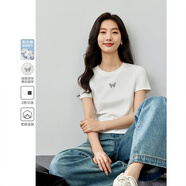 梵希蔓白色正肩短袖T恤女2025年夏修身顯瘦印花短款上衣 米白色  XL