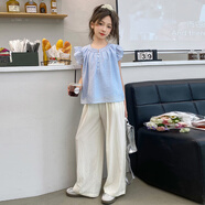 迪士尼（Disney）女童夏季套裝2025新款飛袖冰絲山本褲大童初中生時髦洋氣兒童夏裝 藍(lán)色套裝 160 （建議身高145-155CM）