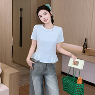 歐潤娜灰色圓領正肩短袖t恤女2025夏季新款不規(guī)則下擺拼接休閑寬松上衣 白色 M 85-100
