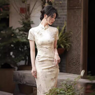素織錦新中式連衣裙女夏季氣質(zhì)設(shè)計(jì)感高考旗開得勝中國(guó)風(fēng)中長(zhǎng)裙旗袍裙子 新中式旗袍連衣裙【杏色】 M 【推薦體重80-100斤】
