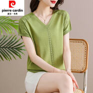 皮爾卡丹（pierre cardin）夏季時尚冰絲短t袖薄款媽m媽領(lǐng)上衣洋氣恤針織衫寬松蕾絲短款 綠色 L 110-125斤