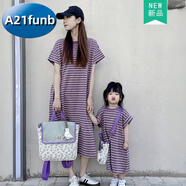 A 21 FUNB炸街親子裝夏一家三口韓版母子母女連衣裙母子短袖T恤嬰兒全家裝 紫色連衣裙(女) 185 媽媽2XL