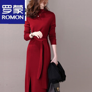 羅蒙（ROMON）針織連衣裙女2024春秋冬新款半高領(lǐng)長(zhǎng)袖收腰顯瘦中長(zhǎng)款毛衣裙子女 紅色 L