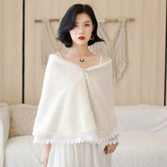 婚紗禮服新娘毛披肩斗篷 秋冬季結婚保暖坎肩 婚禮紅白色毛毛披風(fēng) 白色貂絨+蕾絲花邊