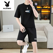 花花公子（PLAYBOY）高端夏季男士冰絲短袖短褲兩件套裝高端休閑t恤男裝一套搭配帥氣 TZ512黑色 L 建議100-120斤