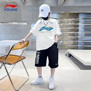 LI-NING KIDS李寧兒童運(yùn)動(dòng)套裝男女大童25夏季運(yùn)動(dòng)舒適透氣短袖t恤短褲兩件套 套裝五 【純棉短袖+速干短褲】 160