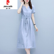 皮爾卡丹高端棉麻連衣裙女2025年夏季洋氣減齡收腰顯瘦中長(cháng)款亞麻裙子 藍色 L 【建議100-115斤】