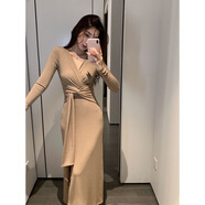 S.SOFEA仙氣十足領(lǐng)長(cháng)袖連衣裙修身顯瘦綁帶開(kāi)叉設計 【奶茶咖】 M 建議90-108斤