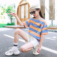藍(lán)貝妮童裝女童夏裝2025新款洋氣兒童運(yùn)動(dòng)套裝夏季女孩衣服短袖大童女裝 藍(lán)色短褲款 170 碼建議身高160cm