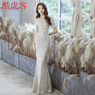 晚禮服女2022新款高端氣質(zhì)顯瘦氣場(chǎng)女王晚禮服2022宴會(huì)年會(huì)舞臺(tái)走秀氣質(zhì)優(yōu)雅修身顯瘦高端輕奢魚尾裙 銀色 L