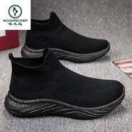 啄木鳥(niǎo)超輕超軟爆米花踩屎感無(wú)鞋帶一腳蹬運動(dòng)休閑襪子鞋泡沫底飛織男鞋 全黑真爆軟底 35