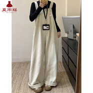夏雨瑤感日系寬松工裝牛仔背帶褲女小個(gè)子減齡百搭復(fù)古休閑闊腿褲潮 米白色 M