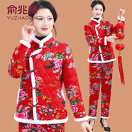 俞兆林（YUZHAOLIN）中國風女裝東北大花棉衣棉褲兩件套媽媽裝時尚加絨加厚農(nóng)村花棉襖 紅牡丹套裝 2XL 參考105-120斤