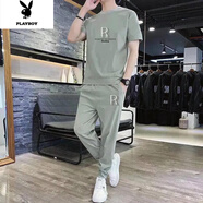 花花公子夏季男士套裝新款運(yùn)動(dòng)服休閑寬松潮流帥氣冰絲短袖夏天男 綠色套裝 L _建議110-125斤