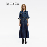 MO&Co.春秋方扣腰帶高腰七分袖牛仔連衣裙塔塔裙摩安珂 牛仔藍色 M 165
