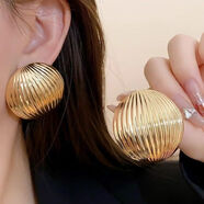 堅銀韓國日本耳釘女歐美風(fēng)金屬半圓形條紋夸張大耳環(huán)個(gè)性獨特耳飾品牌 金色條紋圓形大耳釘