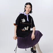 幻走（MOVEUP）2025夏季新款.FUN系列圓領(lǐng)印花壓褶裙擺針織連衣裙 夜黑 M