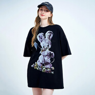 木果果木2025夏季新款圓領(lǐng)街頭卡通印花寬松短袖落肩T恤女 黑色 S