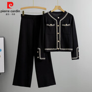 皮爾卡丹（pierre cardin）2024春秋款韓國(guó)時(shí)尚氣質(zhì)圓領(lǐng)針織開衫套裝女洋氣顯瘦小香風(fēng)兩件裝 黑色 均碼