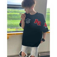 靖颯 美式重磅刺繡短袖t恤男夏季正肩設(shè)計(jì)感半截袖高街潮牌痞帥上衣服 黑色 XL