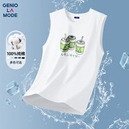 GENIOLAMODE背心男夏季純棉透氣休閑打底百搭印花無袖t恤男裝衣服潮 白色 M