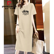 皮爾卡丹中長(cháng)款純棉短袖t恤裙女2025夏季新款寬松過(guò)膝長(cháng)裙時(shí)尚大碼連衣裙 【常規】杏色-MYSTAR四行字母 2XL 135-150斤