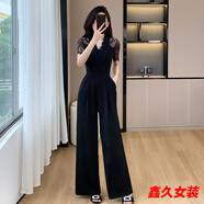 美安嘉跨境高冷御姐風(fēng)連體褲女夏季短袖高腰蕾絲拼接鏤空連身衣直筒長(cháng)褲 黑色 2XL