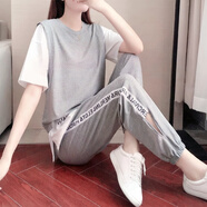 白木木（baimumu） 歐洲站休閑套裝女時(shí)尚舒適寬松顯假兩件圓領(lǐng)上衣運(yùn)動(dòng)九分束腳褲 灰色 XL（建議115-130斤）