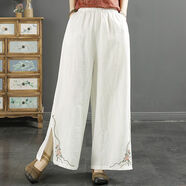 伊薇衣【2778人收藏】新中式民族風(fēng)刺繡褲子棉麻闊腿九分褲夏開(kāi)叉松緊腰 白色 M 【建議80-100斤】