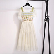 XCFREHT波西米亞田園風(fēng)泡泡袖連衣裙夏季新款方領(lǐng)撞色拼接收腰中長(cháng)裙子女 綠色【實(shí)力廠(chǎng)家好物】 M 關(guān)注店鋪/極速發(fā)貨