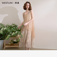 西遇吊帶薄紗連衣裙女2025年夏季新款度假風(fēng)仙女花邊沙灘裙 杏色 M