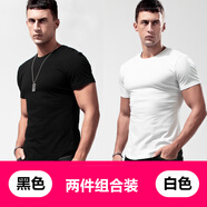 簡(jiǎn)束（JOONSVIP）短袖t恤男純色棉質(zhì)圓領(lǐng)修身緊身打底衫男夏季彈力運動(dòng)半袖T恤上衣 黑色+白色 /兩件裝 XL （130-145斤左右修身型）