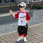 酷樂(lè)羊兒童哪吒服裝男童夏裝套裝2025新款帥氣男孩夏季短袖敖丙哪咤衣服 紅色 上衣+褲子 亮燈 120