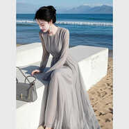 鳶諾海邊度假長(cháng)裙女2025春裝新款法式感氣質(zhì)絕美淺灰色雪紡連衣裙 淺灰色雪紡連衣裙 S 【建議80-95斤】