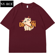 NY-RCE明星徐璐同款卡通短袖t恤女裝2025新款美式復古夏體恤上衣服潮牌 酒紅色（LUCKY DRAGON） 2XL 160~180斤