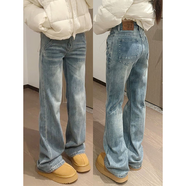 燦圖春夏季新款微喇牛仔褲女大碼寬松顯瘦直筒低腰小個(gè)子遮胯闊腿褲子 淺藍色 M