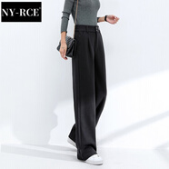 NY-RCE毛呢闊腿褲女秋冬高腰垂感新款褲子休閑加絨加厚寬松拖地長褲 黑色加長款(適合165以上) 加厚 XL