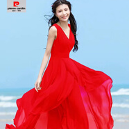 皮爾卡丹（pierre cardin）【2302人收藏】夏季新款不規則大擺沙灘裙雪紡V領(lǐng)無(wú)袖顯瘦連衣裙 大紅色 L 100-110斤