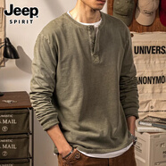 JEEP SPIRIT正品吉普高端t恤男美式復(fù)古水洗做舊純棉亨利領(lǐng)純色打底衫上衣男 829軍綠t恤 M 碼 參考110~137斤