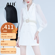 AUI 白色西裝連衣裙女2024春裝新品設(shè)計(jì)感時(shí)尚女裝泡泡袖中長(zhǎng)款裙子 白色 XL