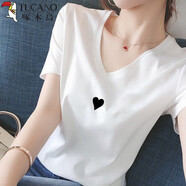 啄木鳥(niǎo)白色純棉短袖V領(lǐng)t恤女2025新款夏季歐美潮牌正肩女裝上衣服ins潮 A07(黑色愛(ài)心) S 95斤內(nèi)