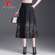 皮爾卡丹（pierre cardin）復古毛呢印花a字裙女秋冬改良馬面裙高腰垂感顯瘦半身裙氣質裙子 紅花 M 建議體重90-100斤