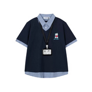 咿靚影美式刺繡小狗假兩件短袖T恤女夏季寬松學(xué)院風(fēng)減齡拼接Polo領(lǐng)上衣 藏青色假兩件短袖 重磅 L 建議100-115斤