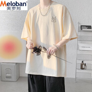 美羅邦（Meloban）重磅純棉短袖T恤男夏季寬松大碼半袖情侶可愛(ài)風(fēng)百搭體恤打底衫潮 米杏色(重磅純棉) L 建議【130-150】斤